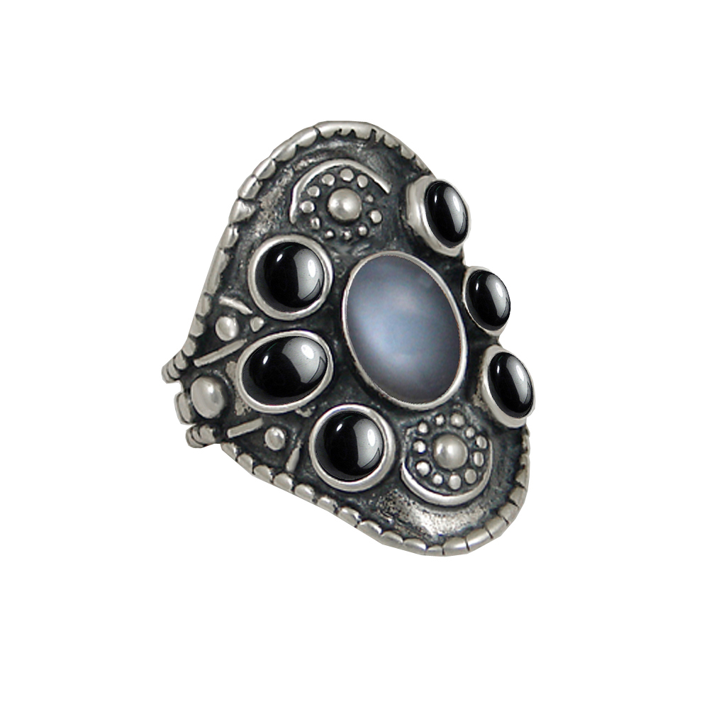 Sterling Silver High Queen's Ring With Grey Moonstone And Hematite Size 6